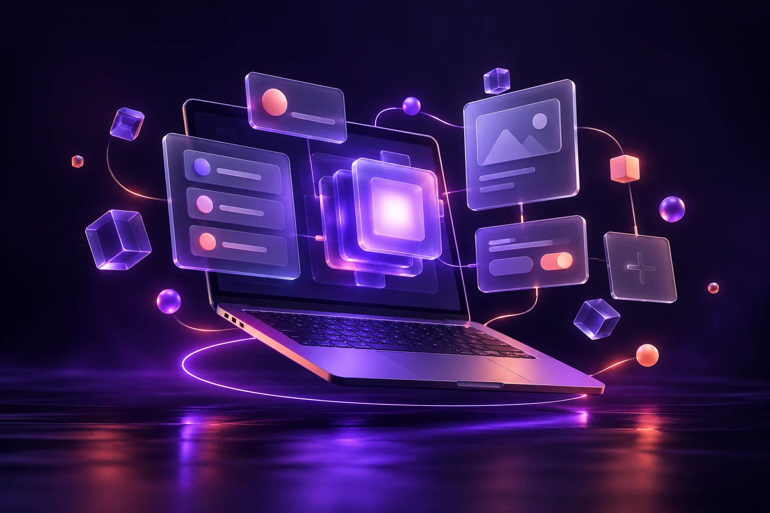 Computador portátil com módulos abstratos de aplicação e núcleo luminoso, ilustração de desenvolvimento.