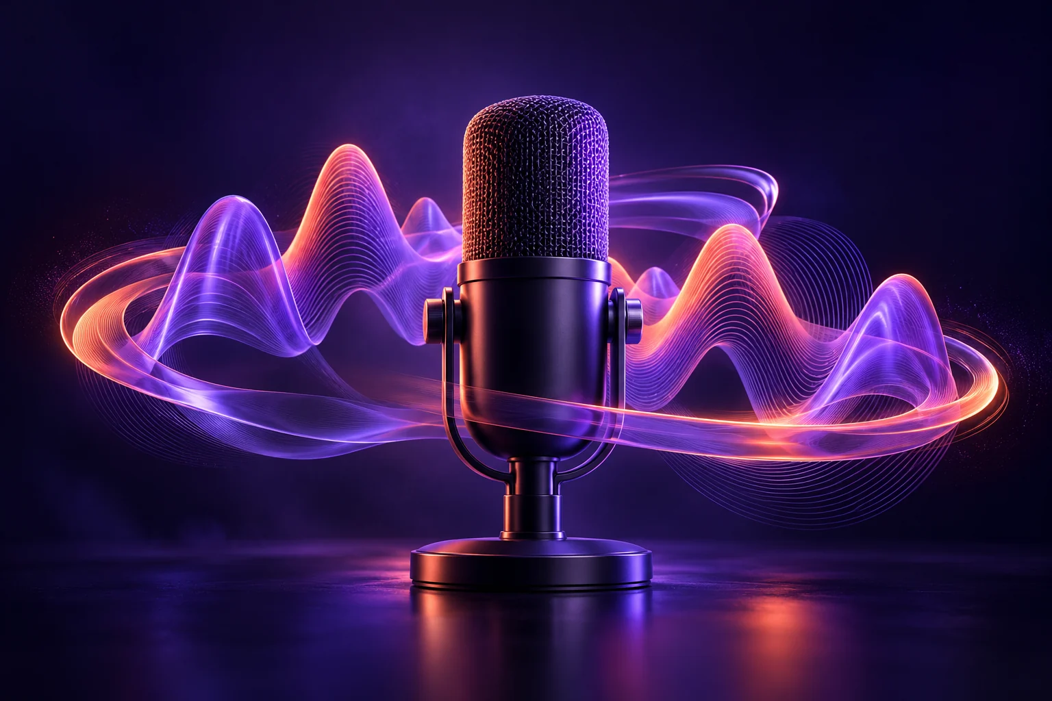 Microfone de estúdio cercado por uma onda sonora roxa e coral, ilustração de áudio e voz.