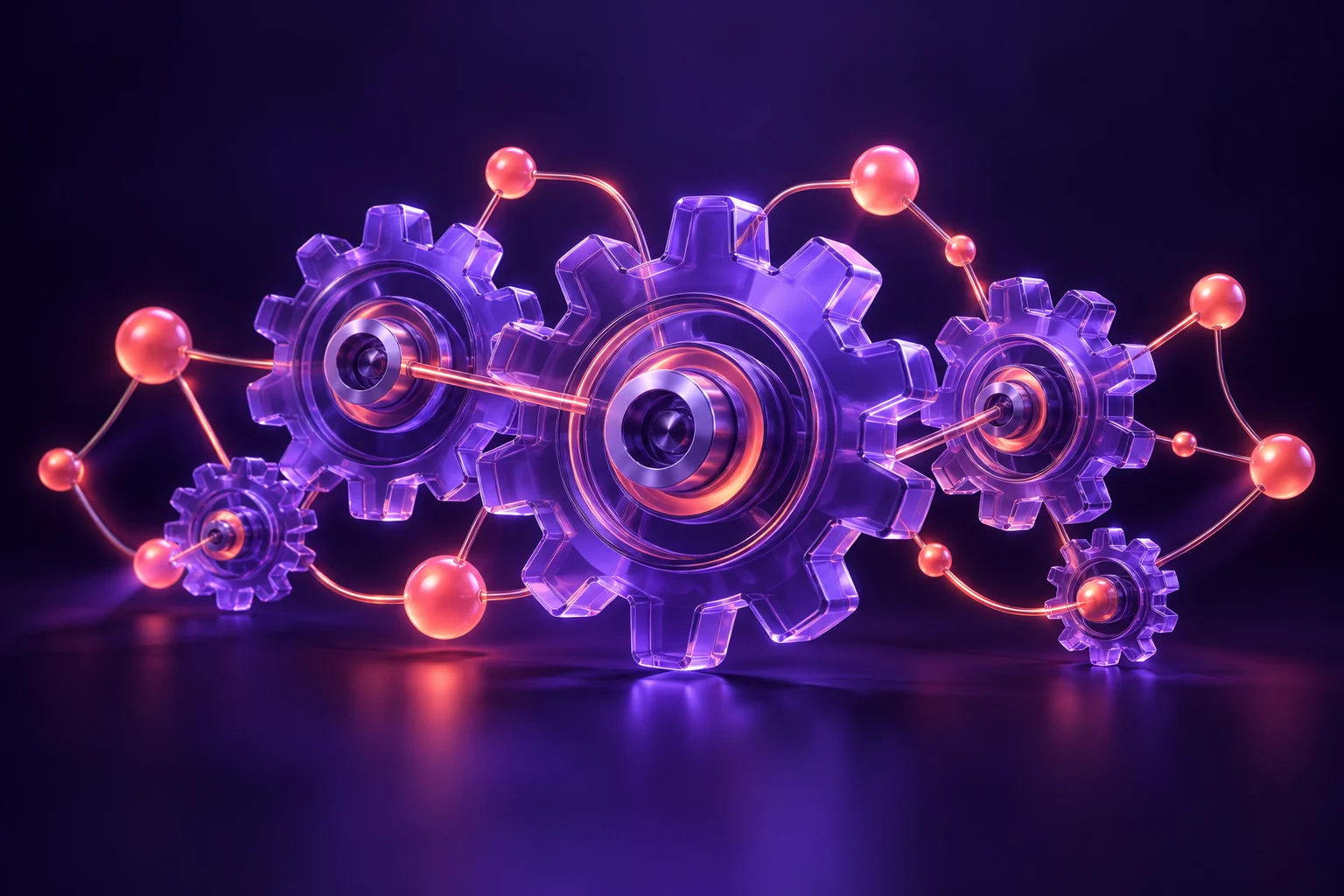 Engrenagens translúcidas e nós conectados, ilustração de fluxos de automação.