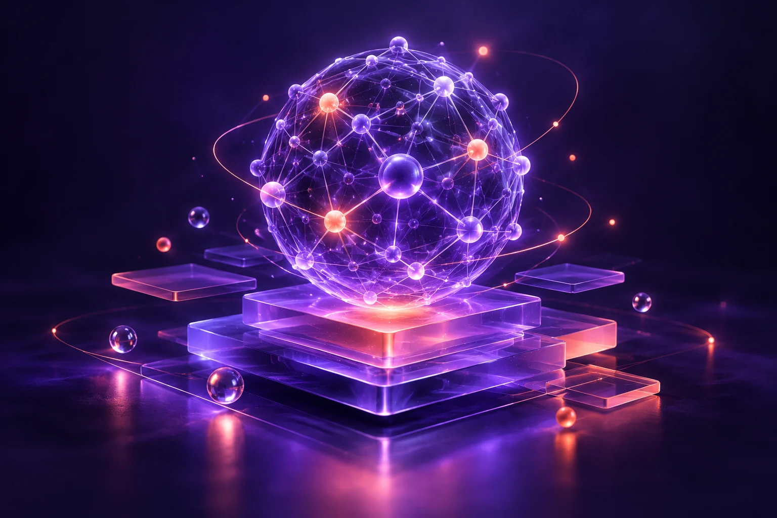 Esfera de conexões luminosas sobre blocos translúcidos, ilustração de fundamentos de IA.