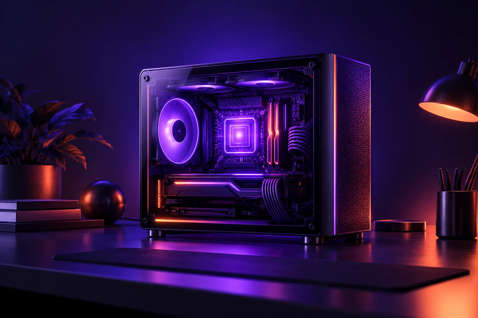 Computador compacto com chip violeta iluminado em estúdio escuro, ilustração de IA local.