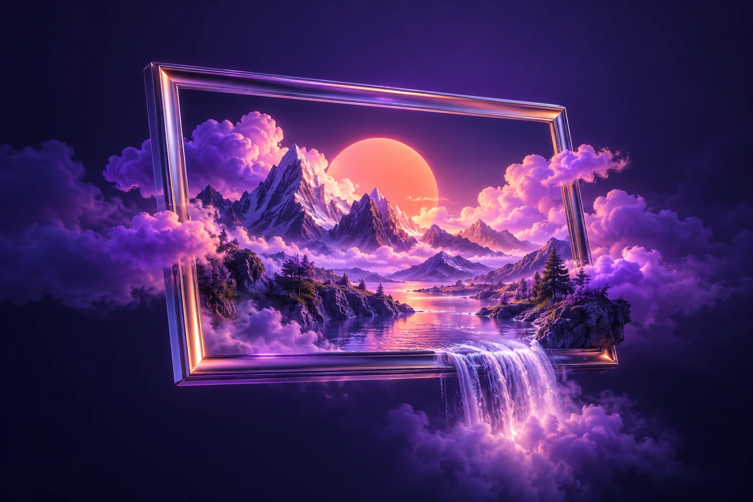 Paisagem tridimensional saindo de uma moldura, ilustração de criação de imagens.