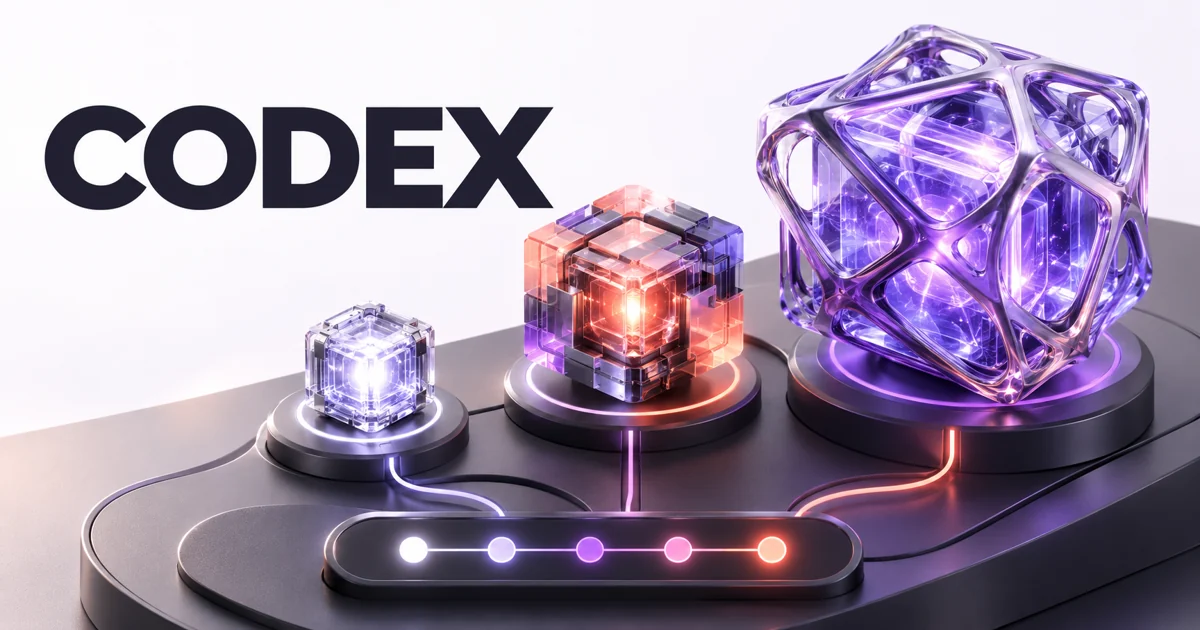 Codex: três núcleos de IA e um controle de esforço, em ilustração roxa e coral