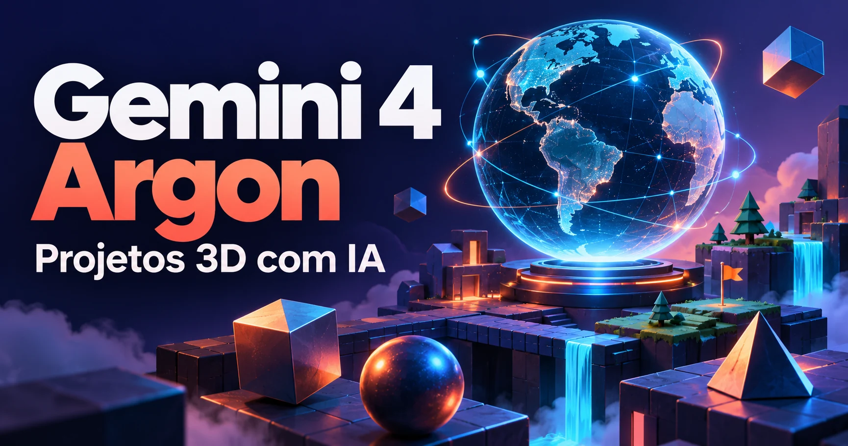 Ilustração editorial de um globo e experiências 3D com IA, com o título Gemini 4 Argon