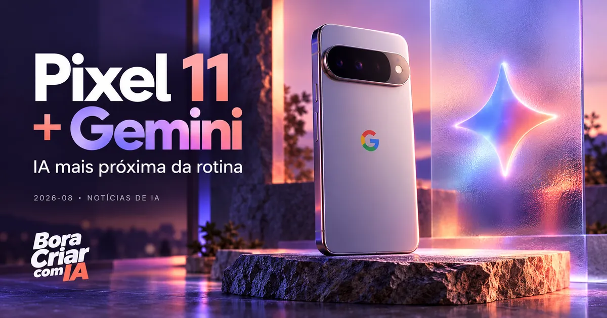 Ilustração editorial: Pixel 11 + Gemini — IA mais próxima da rotina