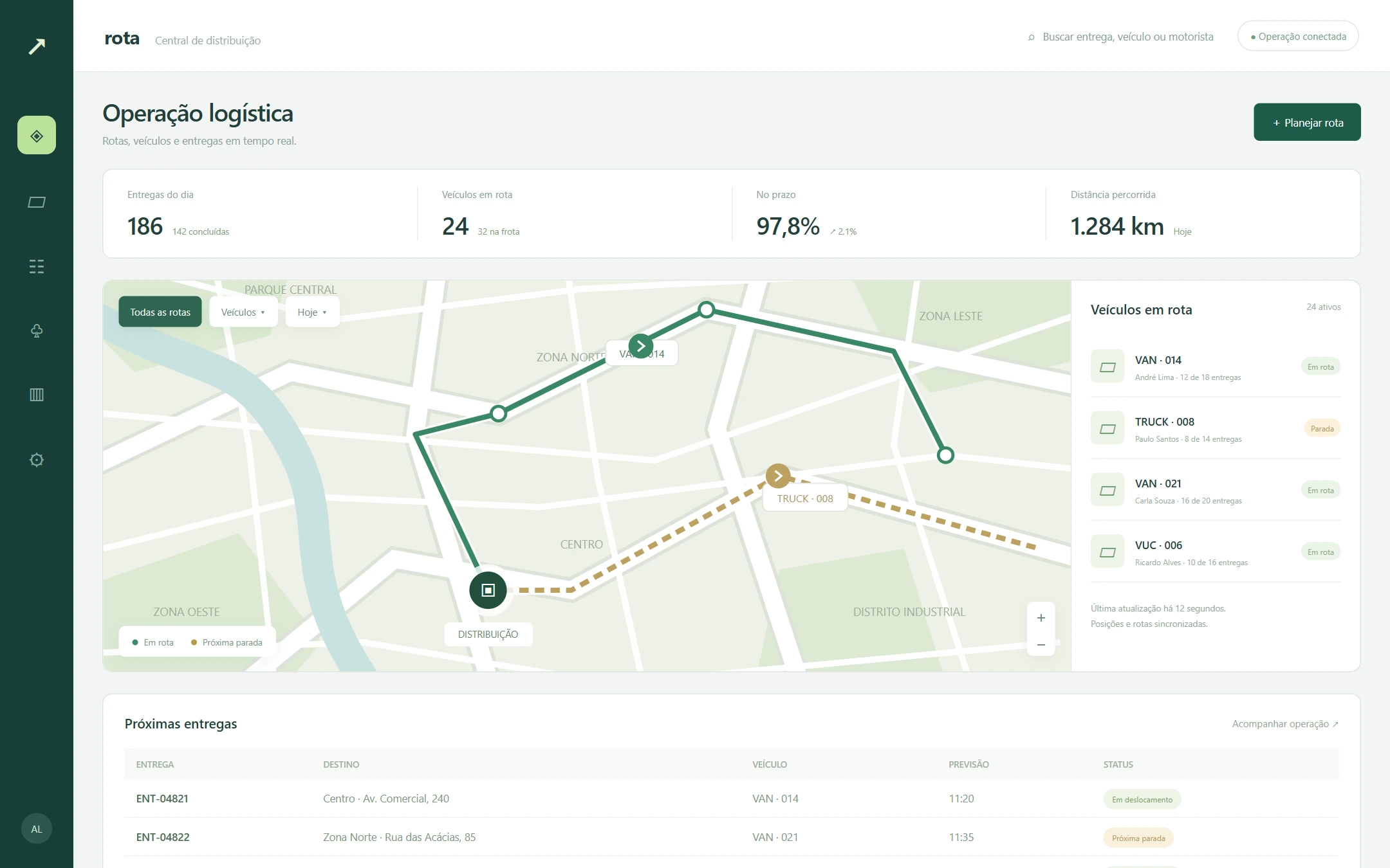 Interface demonstrativa de logística com mapa de rotas, veículos e entregas